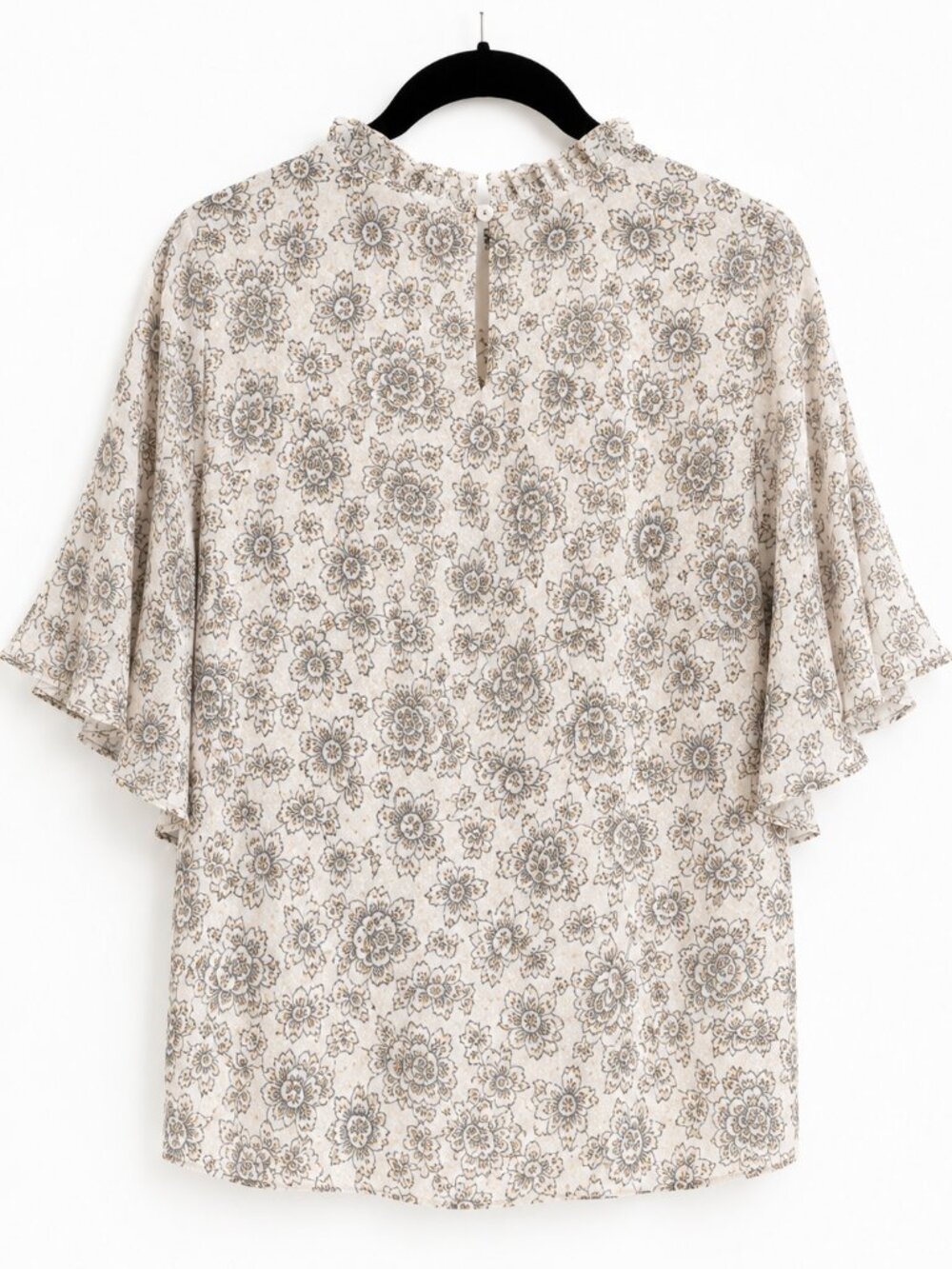 NWT LOFT Floral Flutter Sleeve Blouse Ivory Gray Gold Clip Dot 🌸Item #1002 - Picture 2 of 9